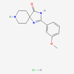 Chemical structure of 2-(3-Methoxyphenyl)-1,3,8-triazaspiro[4.5]dec-1-en-4-one hydrochloride