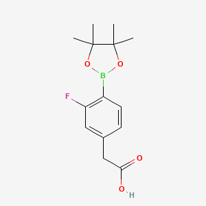 Chemical structure of 2-(3-Fluoro-4-(4,4,5,5-tetramethyl-1,3,2-dioxaborolan-2-yl)phenyl)acetic acid