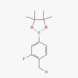 Chemical structure of 2-(2-(Bromomethyl)-4-fluorophenyl)-4,4,5,5-tetramethyl-1,3,2-dioxaborolane