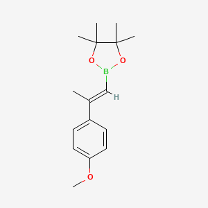 Chemical structure of 2-(2-(4-methoxyphenyl)prop-1-en-1-yl)-4,4,5,5-tetramethyl-1,3,2-dioxaborolane