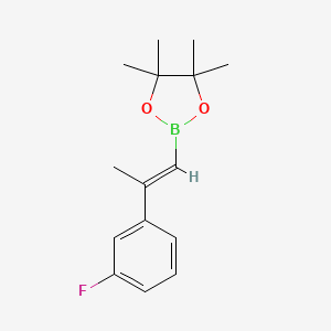 Chemical structure of 2-(2-(3-fluorophenyl)prop-1-en-1-yl)-4,4,5,5-tetramethyl-1,3,2-dioxaborolane