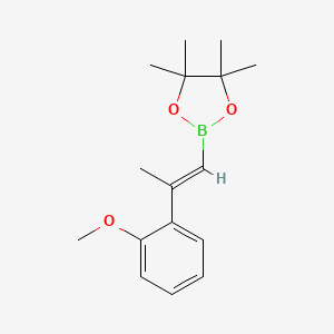 Chemical structure of 2-(2-(2-methoxyphenyl)prop-1-en-1-yl)-4,4,5,5-tetramethyl-1,3,2-dioxaborolane