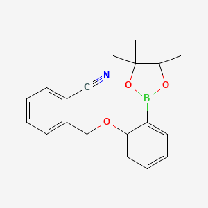 Chemical structure of 2-((2-(4,4,5,5-Tetramethyl-1,3,2-dioxaborolan-2-yl)phenoxy)methyl)benzonitrile