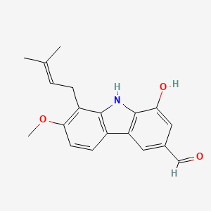 Chemical structure of 1-Prenyl-2-methoxy-6-formyl-8-hydroxy-9H-carbazole