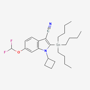 Chemical structure of 1-Cyclobutyl-6-(difluoromethoxy)-2-(tributylstannyl)-1H-indole-3-carbonitrile