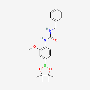 Chemical structure of 1-benzyl-3-[2-methoxy-4-(4,4,5,5-tetramethyl-1,3,2-dioxaborolan-2-yl)phenyl]urea