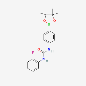Chemical structure of 1-benzyl-3-[2-fluoro-4-(4,4,5,5-tetramethyl-1,3,2-dioxaborolan-2-yl)phenyl]urea