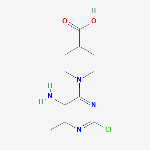 Chemical structure of 1-(5-amino-2-chloro-6-methylpyrimidin-4-yl)piperidine-4-carboxylic acid