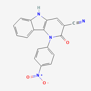 Chemical structure of 1-(4-Nitrophenyl)-2-oxo-2,5-dihydro-1H-pyrido[3,2-b]indole-3-carbonitrile