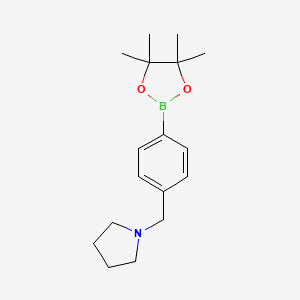 Chemical structure of 1-(4-(4,4,5,5-Tetramethyl-1,3,2-dioxaborolan-2-yl)benzyl)pyrrolidine