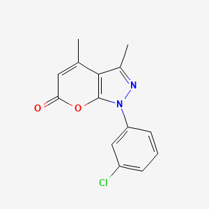 Chemical structure of 1-(3-Chlorophenyl)-3,4-dimethylpyrano[2,3-c]pyrazol-6(1H)-one