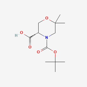 Chemical structure of (S)-4-(tert-Butoxycarbonyl)-6,6-dimethylmorpholine-3-carboxylic acid