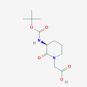 Chemical structure of (S)-2-(3-((tert-Butoxycarbonyl)amino)-2-oxopiperidin-1-yl)acetic acid