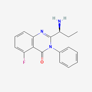 Chemical structure of (S)-2-(1-Aminopropyl)-5-fluoro-3-phenylquinazolin-4(3H)-one