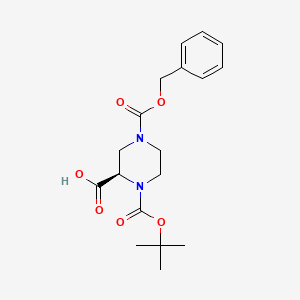 Chemical structure of (R)-4-((Benzyloxy)carbonyl)-1-(tert-butoxycarbonyl)piperazine-2-carboxylic acid