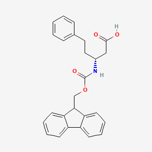 Chemical structure of (R)-3-((((9H-Fluoren-9-yl)methoxy)carbonyl)amino)-5-phenylpentanoic acid