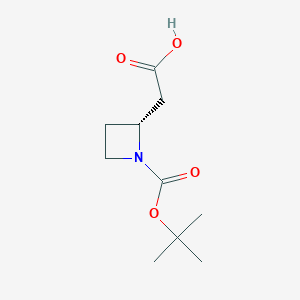 Chemical structure of (R)-2-(1-(tert-Butoxycarbonyl)azetidin-2-yl)acetic acid