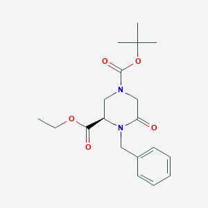Chemical structure of (R)-1-tert-Butyl 3-ethyl 4-benzyl-5-oxopiperazine-1,3-dicarboxylate