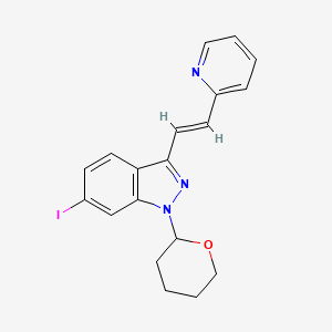 Chemical structure of (E)-6-Iodo-3-[2-(pyridin-2-yl)ethenyl]-1-(tetrahydro-2H-pyran-2-yl)-1H-indazole