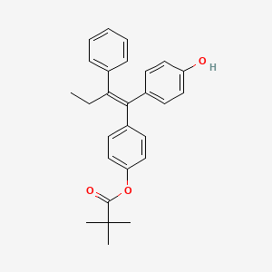 Chemical structure of (E)-4-(1-(4-hydroxyphenyl)-2-phenylbut-1-en-1-yl)phenyl pivalate
