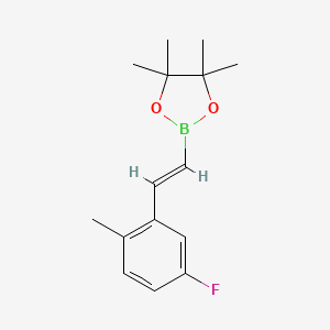 Chemical structure of (E)-2-(5-fluoro-2-methylstyryl)-4,4,5,5-tetramethyl-1,3,2-dioxaborolane
