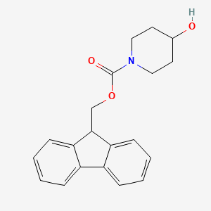 Chemical structure of 9H-fluoren-9-ylmethyl 4-hydroxypiperidine-1-carboxylate