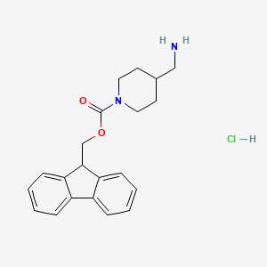 Chemical structure of (9H-Fluoren-9-yl)methyl 4-(aminomethyl)piperidine-1-carboxylate hydrochloride
