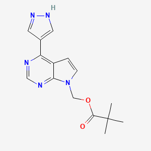 Chemical structure of (4-(1H-Pyrazol-4-yl)-7H-pyrrolo[2,3-d]pyrimidin-7-yl)methyl pivalate