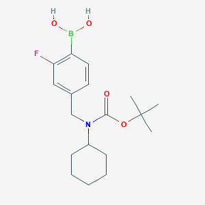 Chemical structure of (4-(((tert-Butoxycarbonyl)(cyclohexyl)amino) methyl)-2-fluorophenyl)boronic acid