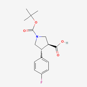 Chemical structure of (3S,4R)-1-(tert-Butoxycarbonyl)-4-(4-fluorophenyl)pyrrolidine-3-carboxylic acid