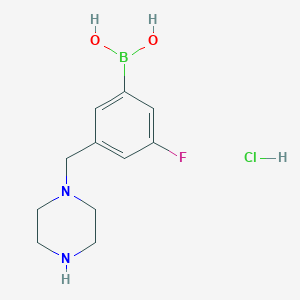 Chemical structure of (3-Fluoro-5-(piperazin-1-ylmethyl) phenyl)boronic acid hydrochloride