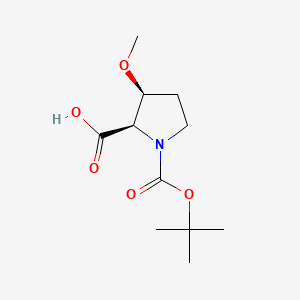 Chemical structure of (2R,3S)-1-[(tert-Butoxy)carbonyl]-3-methoxypyrrolidine-2-carboxylic acid