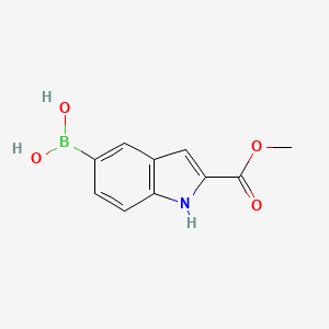 Chemical structure of (2-(Methoxycarbonyl)-1H-indol-5-yl)boronic acid