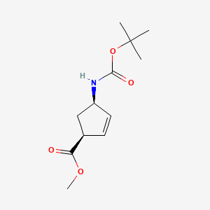 Chemical structure of (1S,4R)-Methyl 4-((tert-butoxycarbonyl)amino)cyclopent-2-enecarboxylate