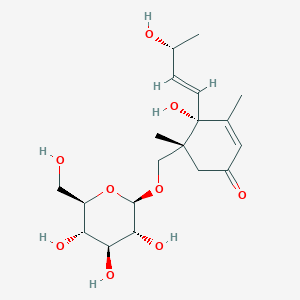 Chemical structure of (1R,6R,9R)-6,9,11-Trihydroxy-4,7-megastigmadien-3-one 11-O-glucoside