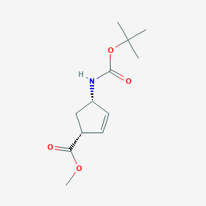 Chemical structure of (1R,4S)-methyl 4-((tert-butoxycarbonyl)amino)cyclopent-2-enecarboxylate